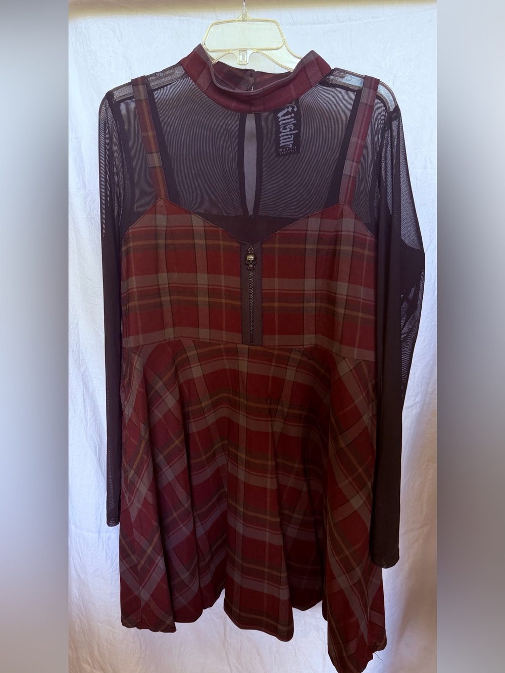Killstar Sable Riot Burgundy Plaid Layered Mesh-Overlay Dress